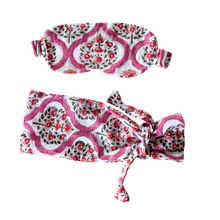 Load image into Gallery viewer, Pink block printed cotton sleep eye mask with drawstring pouch, ethically handmade in India (Copy)