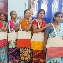 Load image into Gallery viewer, Half sari, half cotton tote bag, ethically handmade in India