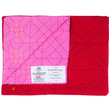 Load image into Gallery viewer, Pink and red quilt with a visible brand label on a white background