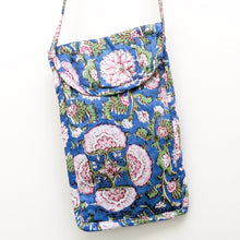 Load image into Gallery viewer, blue block printed mobile phone bag