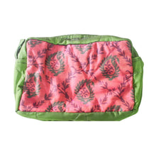 Load image into Gallery viewer, Pink pouch with green leaf pattern and green border on a white background