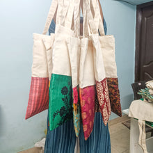Load image into Gallery viewer, Half sari, half cotton tote bag, ethically handmade in India