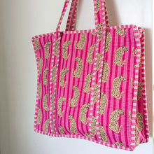 Load image into Gallery viewer, Quilted Market Tote Bags: Colourful Screen Printed Kantha Tote Bags, Ethically Handmade in India
