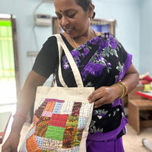 Load image into Gallery viewer, model wearing square design sari patchwork cotton tote bag