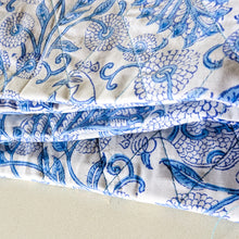 Load image into Gallery viewer, white blue block printed quilted pouch close up