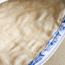 Load image into Gallery viewer, interior view of white blue block printed quilted pouch