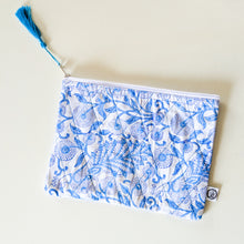 Load image into Gallery viewer, white blue block printed quilted pouch