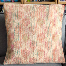 Load image into Gallery viewer, Cotton sari cushion cover with kantha stitching
