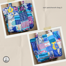 Load image into Gallery viewer, Colorful patchwork bag with floral and abstract patterns on a beige background.
