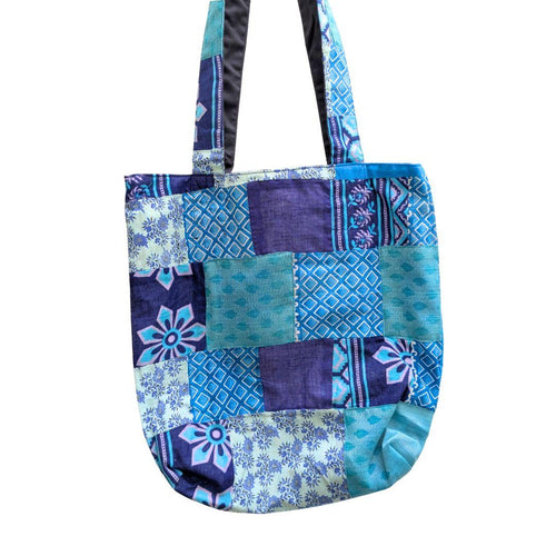 Colourful Sari Patchwork Tote Bags, Fair Trade Market Weekender Bag in Shades of Blue