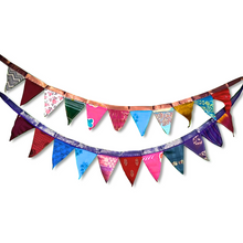 Load image into Gallery viewer, Upcycled sari flags, reusable sari bunting
