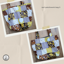 Load image into Gallery viewer, Sari patchwork bag with a floral and geometric pattern on a beige background
