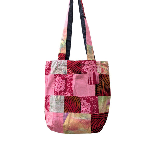 Colourful Sari Patchwork Tote Bags, Fair Trade Market Weekender Bag in Shades of Red and Pink