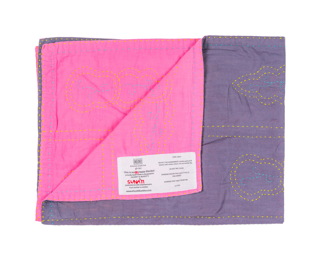 Embroidered, 100% cotton kantha baby blanket in pink and grey leaf design by Khushi Kantha