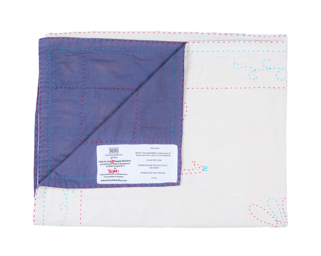 Embroidered, 100% cotton kantha baby blanket in grey and white peacock design by Khushi Kantha