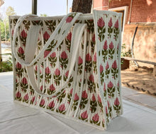 Load image into Gallery viewer, Large quilted weekend tote bag, vibrant pink block print, floral design
