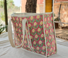Load image into Gallery viewer, Large quilted weekend tote bag, vibrant pink block print, floral design
