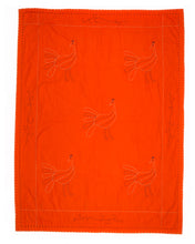 Load image into Gallery viewer, Embroidered, 100% cotton kantha baby blanket in red and orange peacock design by Khushi Kantha
