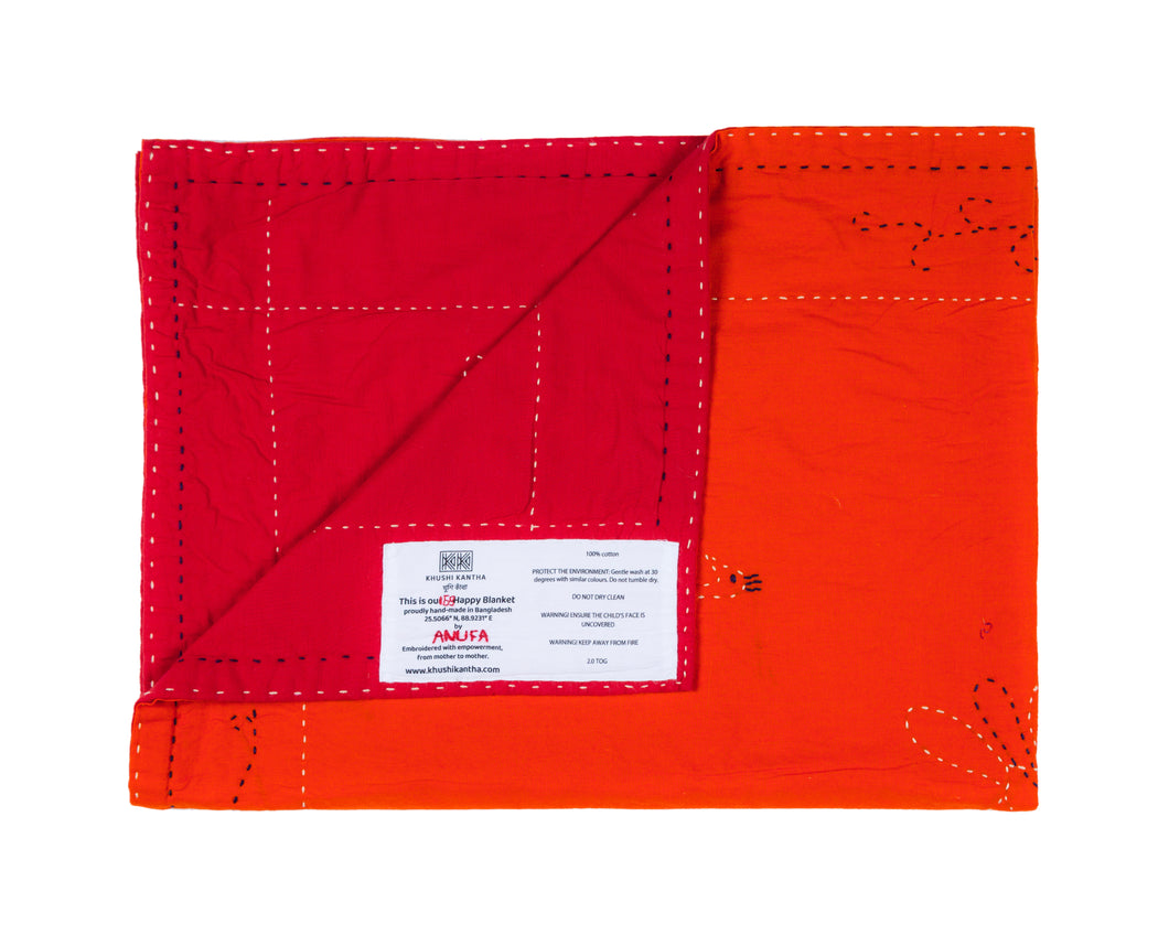 Embroidered, 100% cotton kantha baby blanket in red and orange peacock design by Khushi Kantha