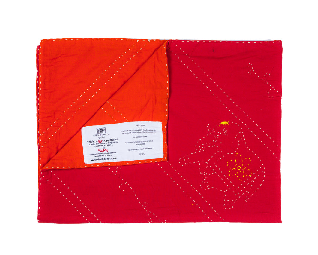 Embroidered, 100% cotton kantha baby blanket in red and orange elephant design by Khushi Kantha