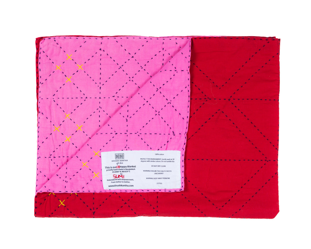 Embroidered, 100% cotton kantha baby blanket in pink and red geometric design by Khushi Kantha