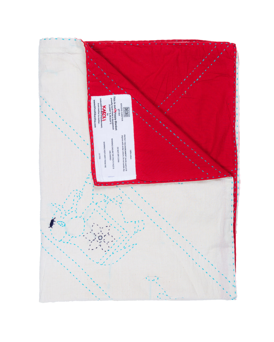 Embroidered, 100% cotton kantha baby blanket in red and white elephant design by Khushi Kantha