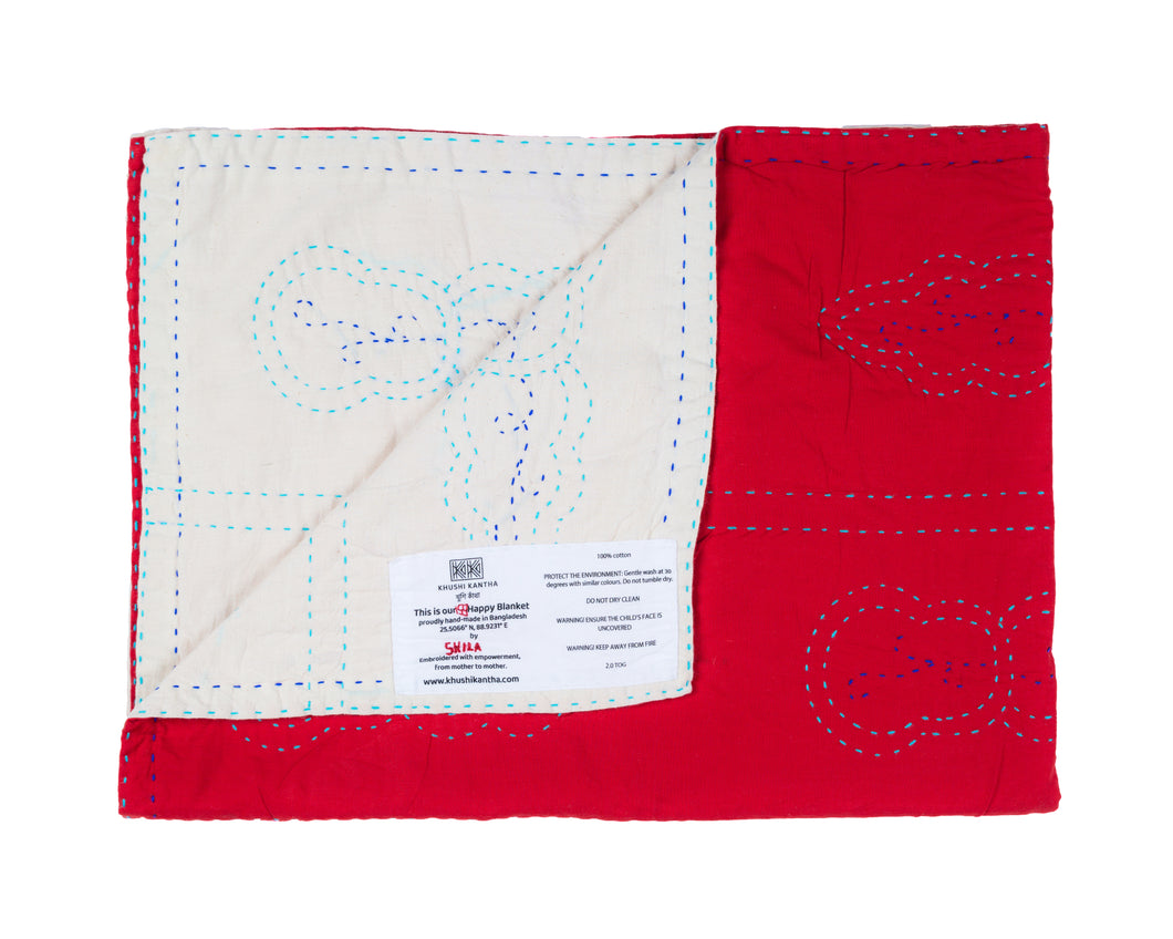 Embroidered, 100% cotton kantha baby blanket in red and white leaf design by Khushi Kantha