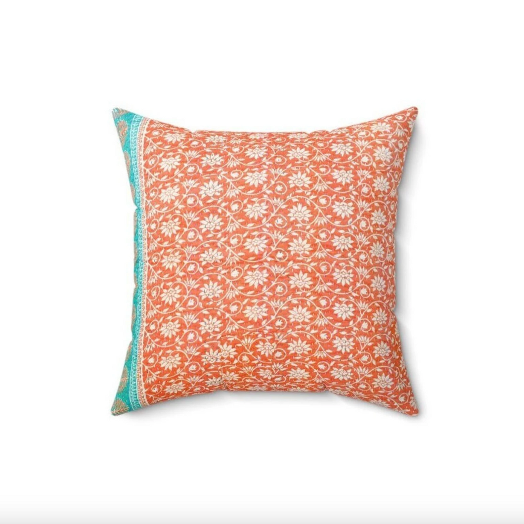 Cotton sari cushion cover, orange