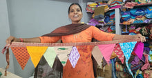 Load image into Gallery viewer, Upcycled sari flags, reusable sari bunting
