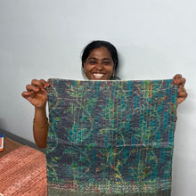 Load image into Gallery viewer, Cotton sari cushion cover with kantha stitching
