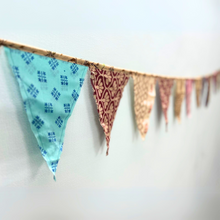 Load image into Gallery viewer, Upcycled sari flags, reusable sari bunting
