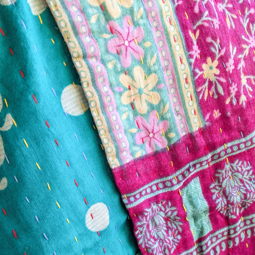 blue pink floral kantha quilt up close