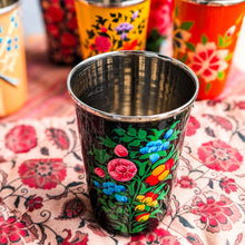 Load image into Gallery viewer, Decorative metal cups with floral patterns on a floral tablecloth
