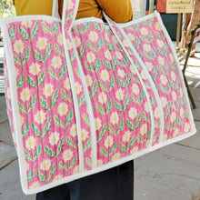 Load image into Gallery viewer, Large quilted weekend tote bag, vibrant pink block print, floral design

