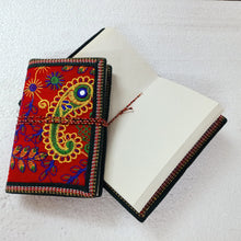 Load image into Gallery viewer, Eco Friendly Upcycled Fabric Notebook with Embroidered Cover – Red A6 Molidora Recycled Paper Journal
