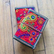 Load image into Gallery viewer, Eco Friendly Upcycled Fabric Notebook with Embroidered Cover – Red A6 Molidora Recycled Paper Journal
