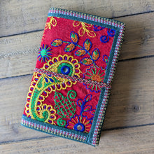 Load image into Gallery viewer, Eco Friendly Upcycled Fabric Notebook with Embroidered Cover – Red A6 Molidora Recycled Paper Journal
