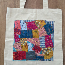 Load image into Gallery viewer, Square design sari patchwork cotton tote bag against wooden background
