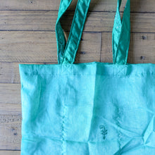 Load image into Gallery viewer, green sari tote bag on wooden background
