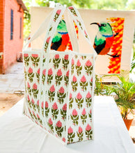 Load image into Gallery viewer, Large quilted weekend tote bag, vibrant pink block print, floral design
