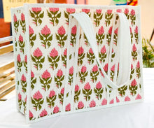 Load image into Gallery viewer, Large quilted weekend tote bag, vibrant pink block print, floral design
