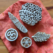 Load image into Gallery viewer, Handmade Wooden Printing Blocks Set of 5: Indian Block Print Stamps in Sari Bag
