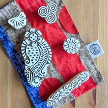 Load image into Gallery viewer, Handmade Wooden Printing Blocks Set of 5: Indian Block Print Stamps in Sari Bag
