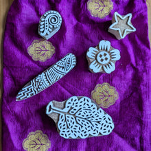 Load image into Gallery viewer, Handmade Wooden Printing Blocks Set of 5: Indian Block Print Stamps in Sari Bag
