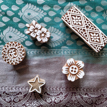 Load image into Gallery viewer, Handmade Wooden Printing Blocks Set of 5: Indian Block Print Stamps in Sari Bag
