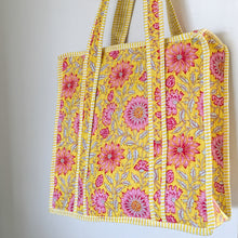 Load image into Gallery viewer, Quilted Market Tote Bags: Colourful Screen Printed Kantha Tote Bags, Ethically Handmade in India
