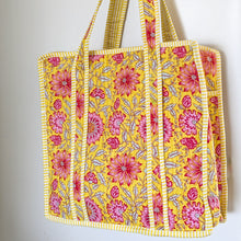 Load image into Gallery viewer, Quilted Market Tote Bags: Colourful Screen Printed Kantha Tote Bags, Ethically Handmade in India
