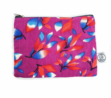 Load image into Gallery viewer, Flat upcycled sari pouch, large wallet, purple floral design
