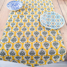 Load image into Gallery viewer, Bagru block - printed table runner, yellow paisley - Shakti.ism | शक्तिवाद
