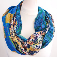 Load image into Gallery viewer, upcycled sari scarf, blue, beige
